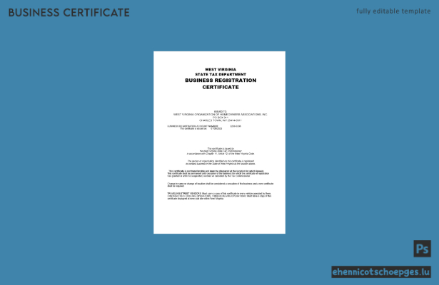 USA, West Virginia: Beispiel einer Firmenregistrierungsurkunde (Word- und PDF-Datei)